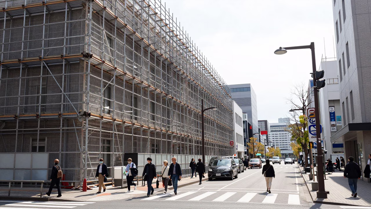 Sapporo Japan Midmorning Street Scene with Geometric Scaffold Joints and Local Pedestrians in in Sapporo, Japan