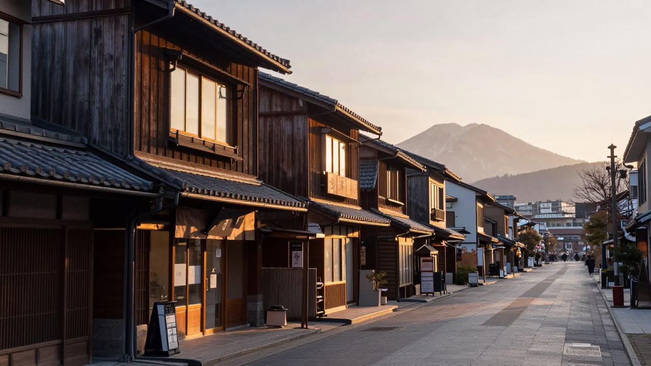Sapporo Japan Morning Light Illuminating Traditional Wooden Storefront and Street Scene in in Sapporo, Japan