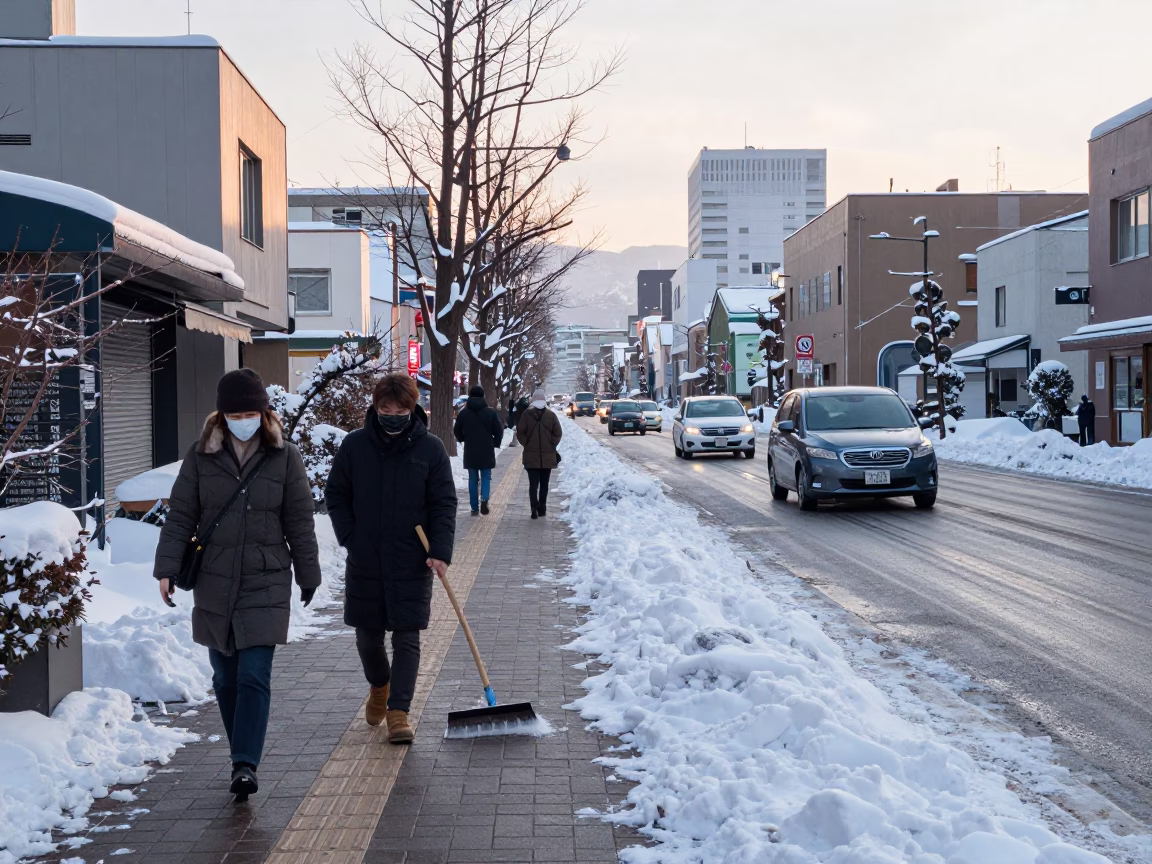 Sapporo Japan Morning Street Scene with Boot Scraper and Snow Removal After Sunrise in in Sapporo, Japan