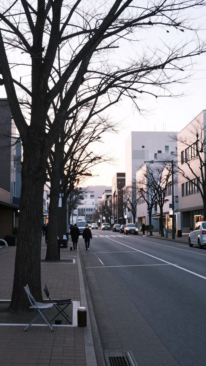 Sapporo Japan Morning Street Scene with Folding Chair and Jar After Sunrise in in Sapporo, Japan