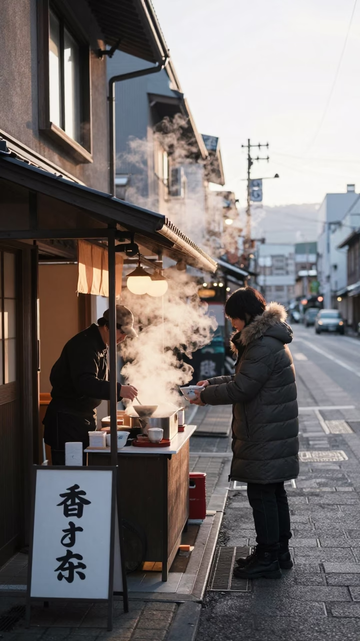 Sapporo Japan Morning Street Scene with Traditional Tea Shop and Steam in in Sapporo, Japan