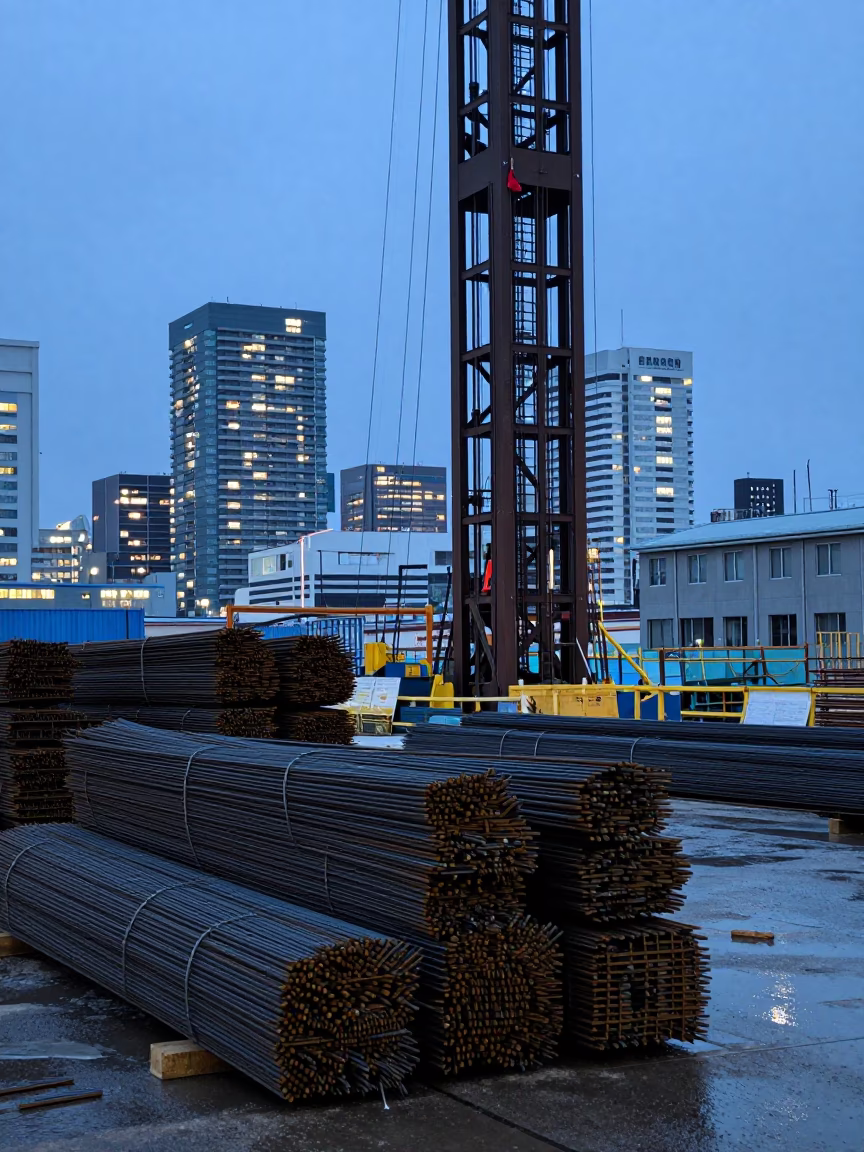 Sapporo Japan Nautical Dawn Construction Site Rebar Bundles and Urban Skyline in in Sapporo, Japan
