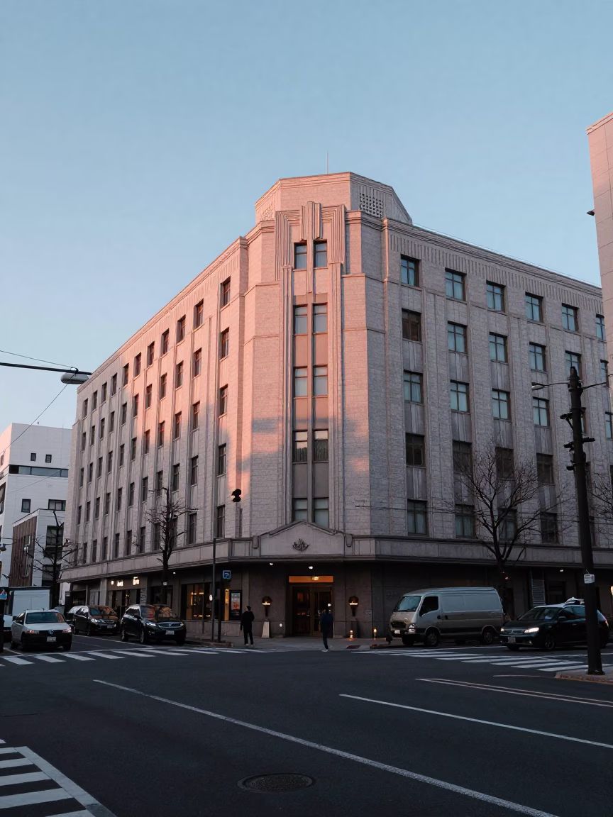 Sapporo Japan Nautical Dawn Street Scene with Art Deco Hotel Facade and Morning Commuters in in Sapporo, Japan