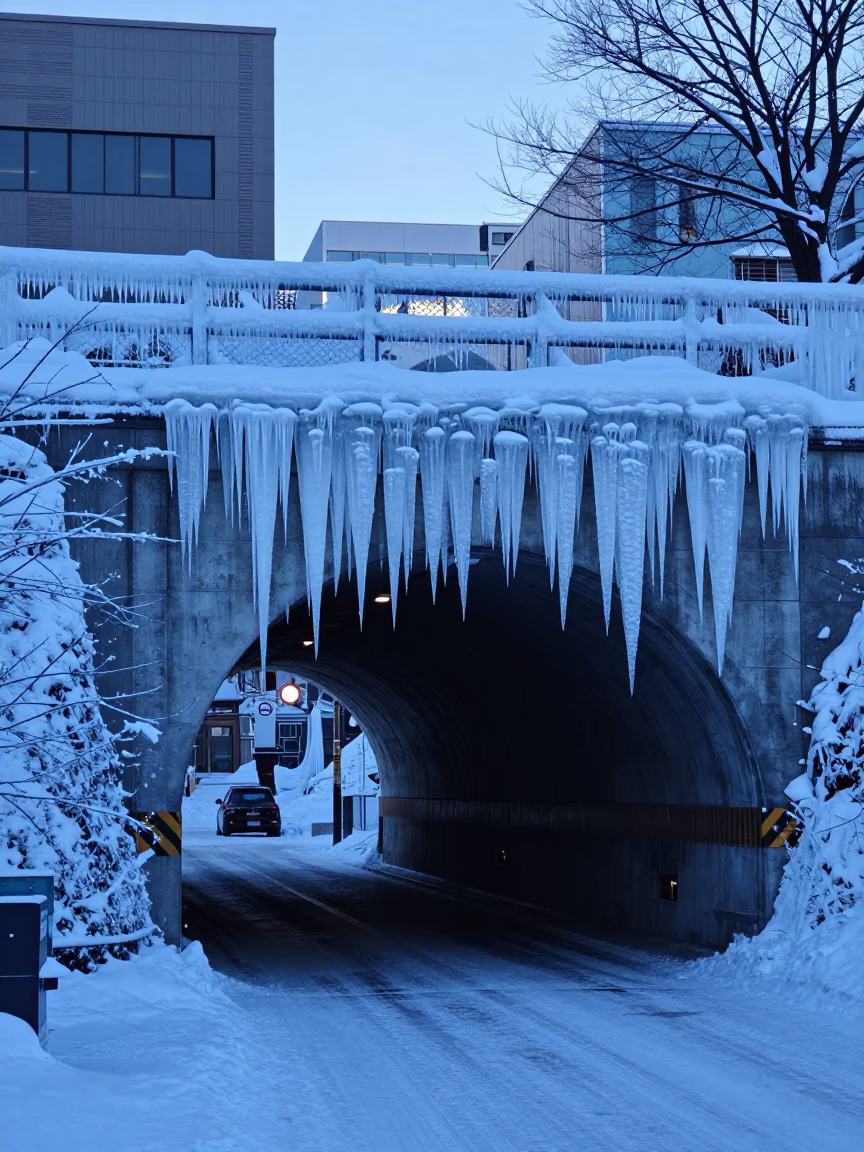 Sapporo Japan Nautical Dawn Street Scene with Icicles and Sodium Lamps in in Sapporo, Japan