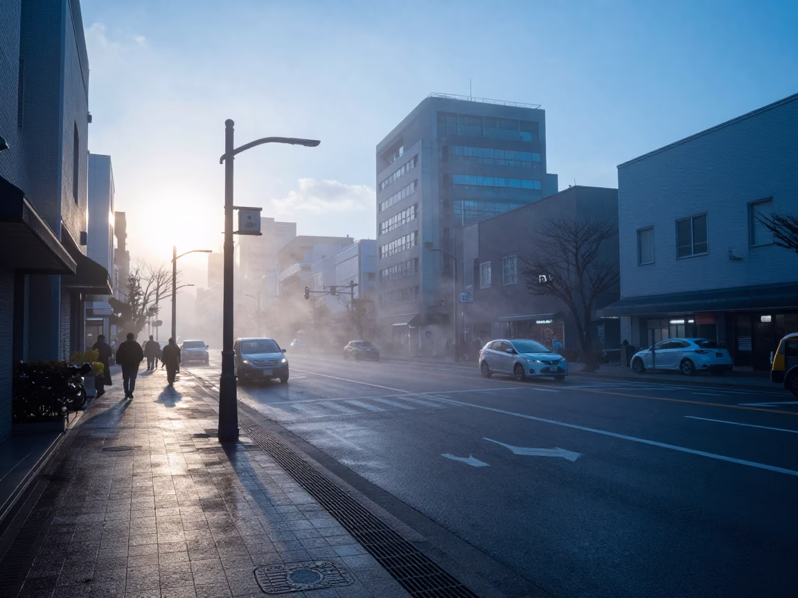 Sapporo Japan Nautical Dawn Street Scene with Steam Haze and Urban Atmosphere in in Sapporo, Japan