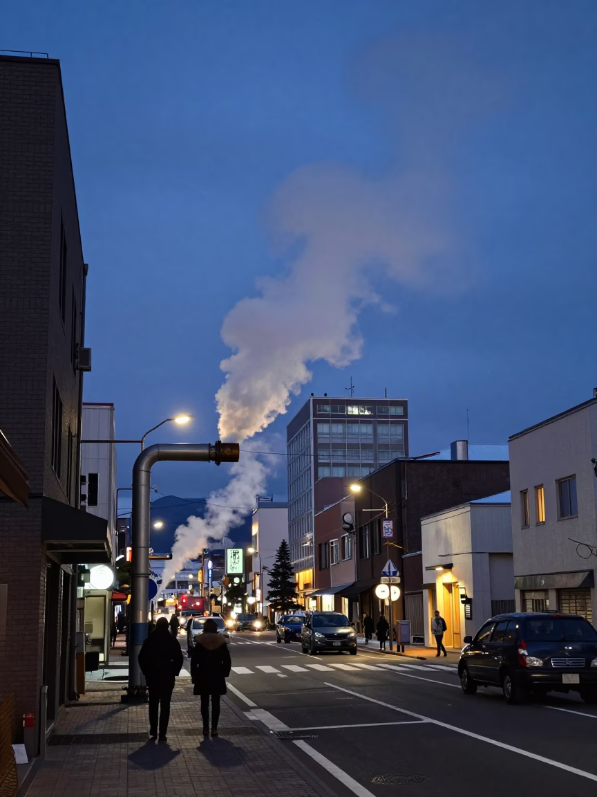 Sapporo Japan Nautical Dawn Street Scene with Steaming District Heating Pipe and Frost in in Sapporo, Japan