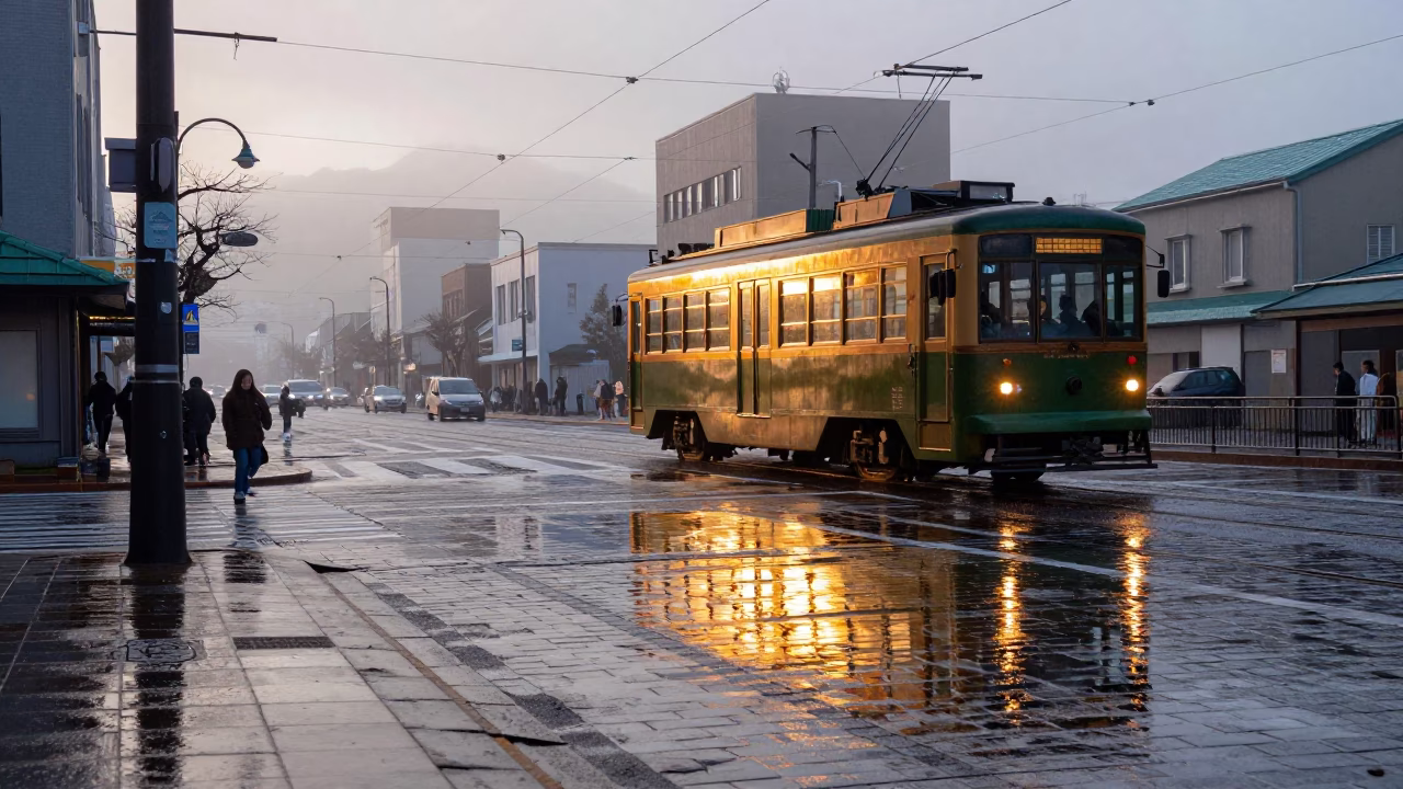 Sapporo Japan Nautical Dawn Tram Reflections on Wet Cobblestones City Street in in Sapporo, Japan