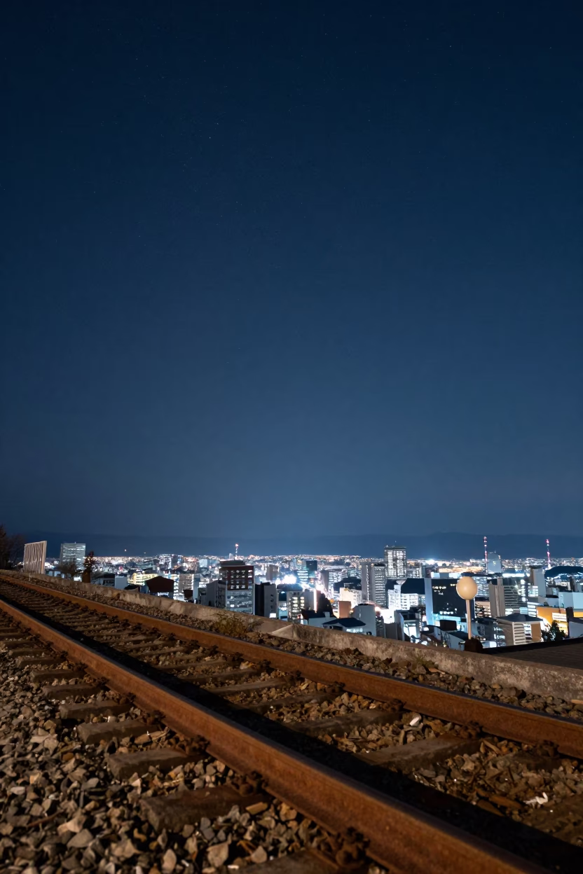 Sapporo Japan Night Sky Horizon Shot With Rusty Rail And Snow in in Sapporo, Japan