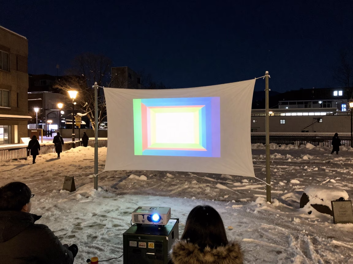 Sapporo Japan Night Street Scene with Outdoor Cinema and Snowy Atmosphere in in Sapporo, Japan