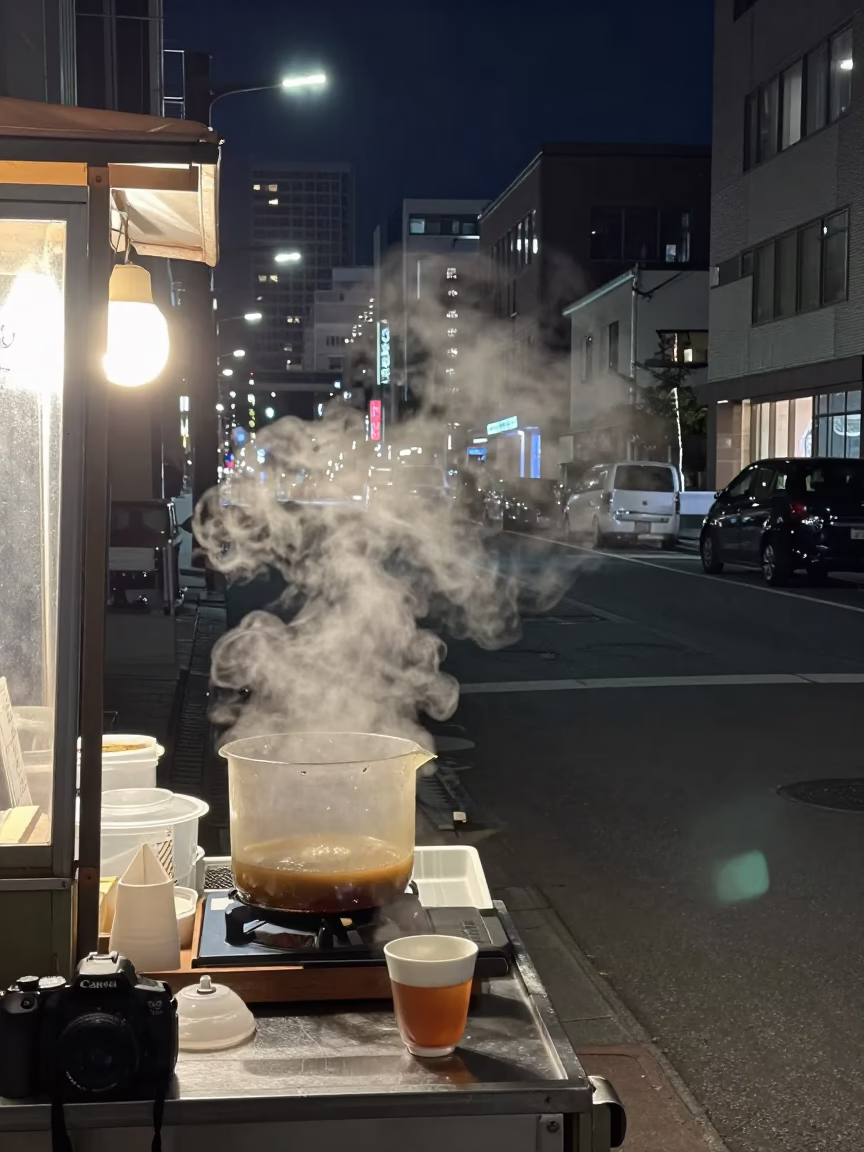 Sapporo Japan Night Street Scene with Steam and Urban Reflections in in Sapporo, Japan