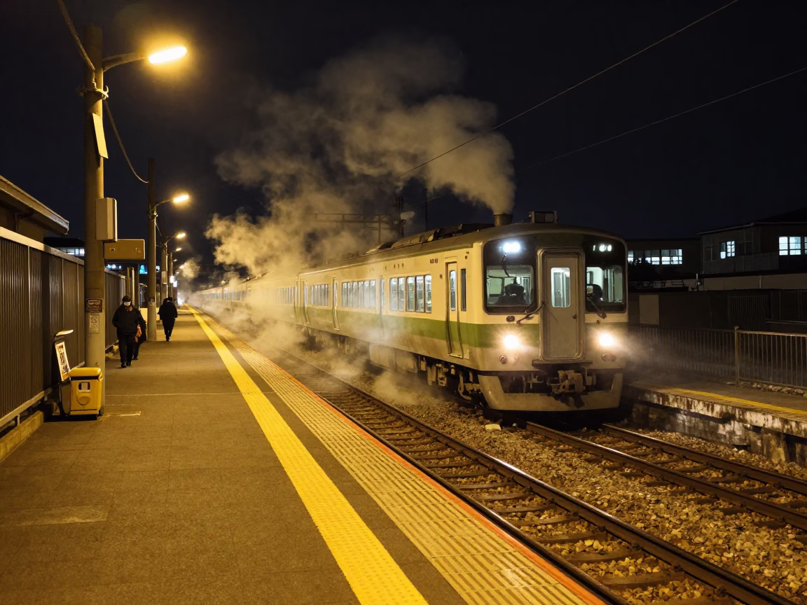 Sapporo Japan Night Train Platform Steam and Farewell Embraces Under Signal Gantry in in Sapporo, Japan