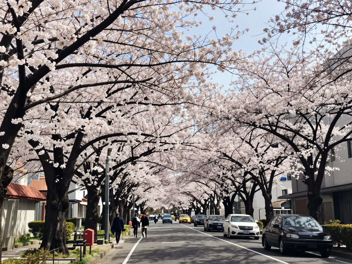 Sapporo Japan Noon Cherry Blossom Bloom City Street Scene in in Sapporo, Japan