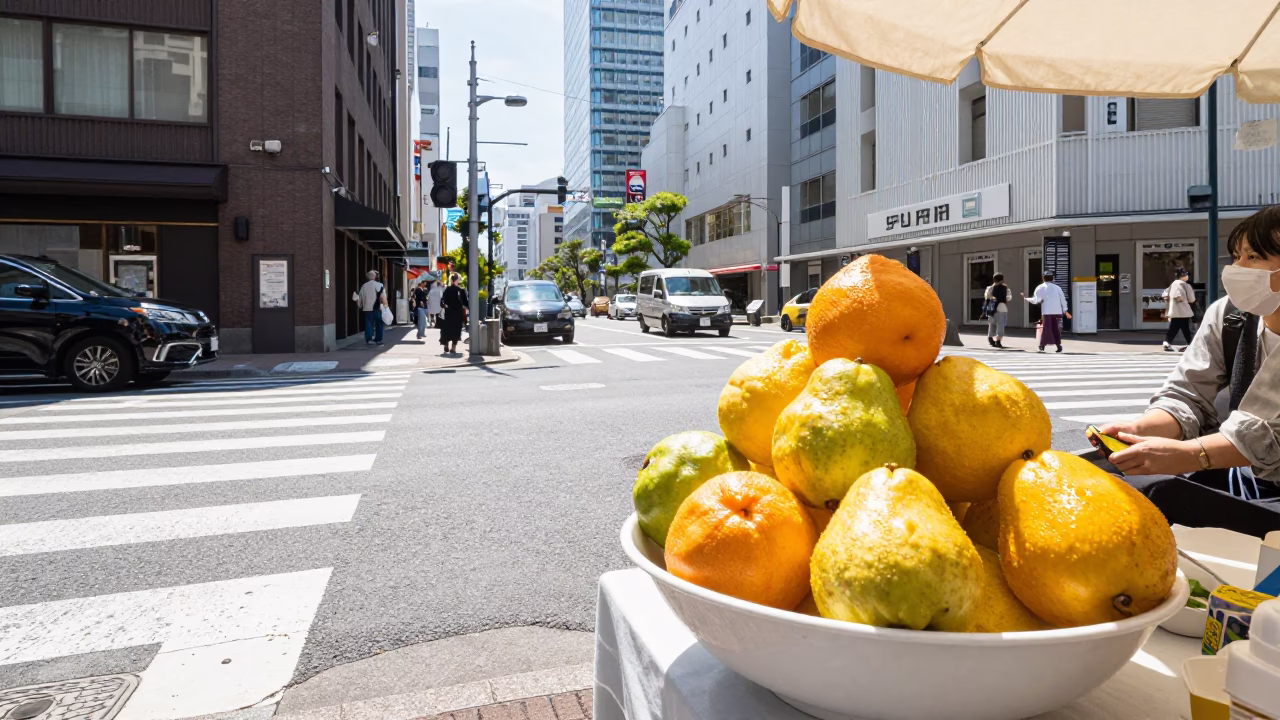 Sapporo Japan Noon Street Scene with Fruit Bowl and Local Vendor Display in in Sapporo, Japan