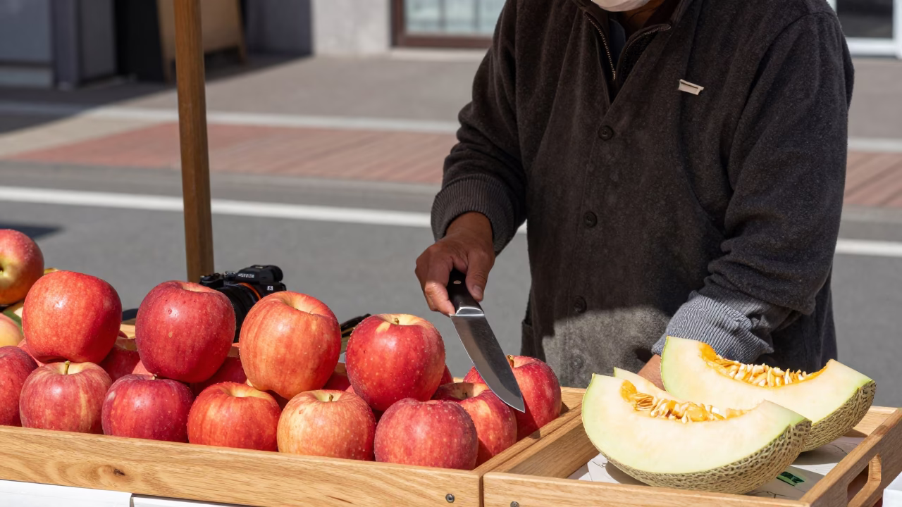 Sapporo Japan Noon Street Scene with Fruit Knife and Concrete Viaduct in in Sapporo, Japan