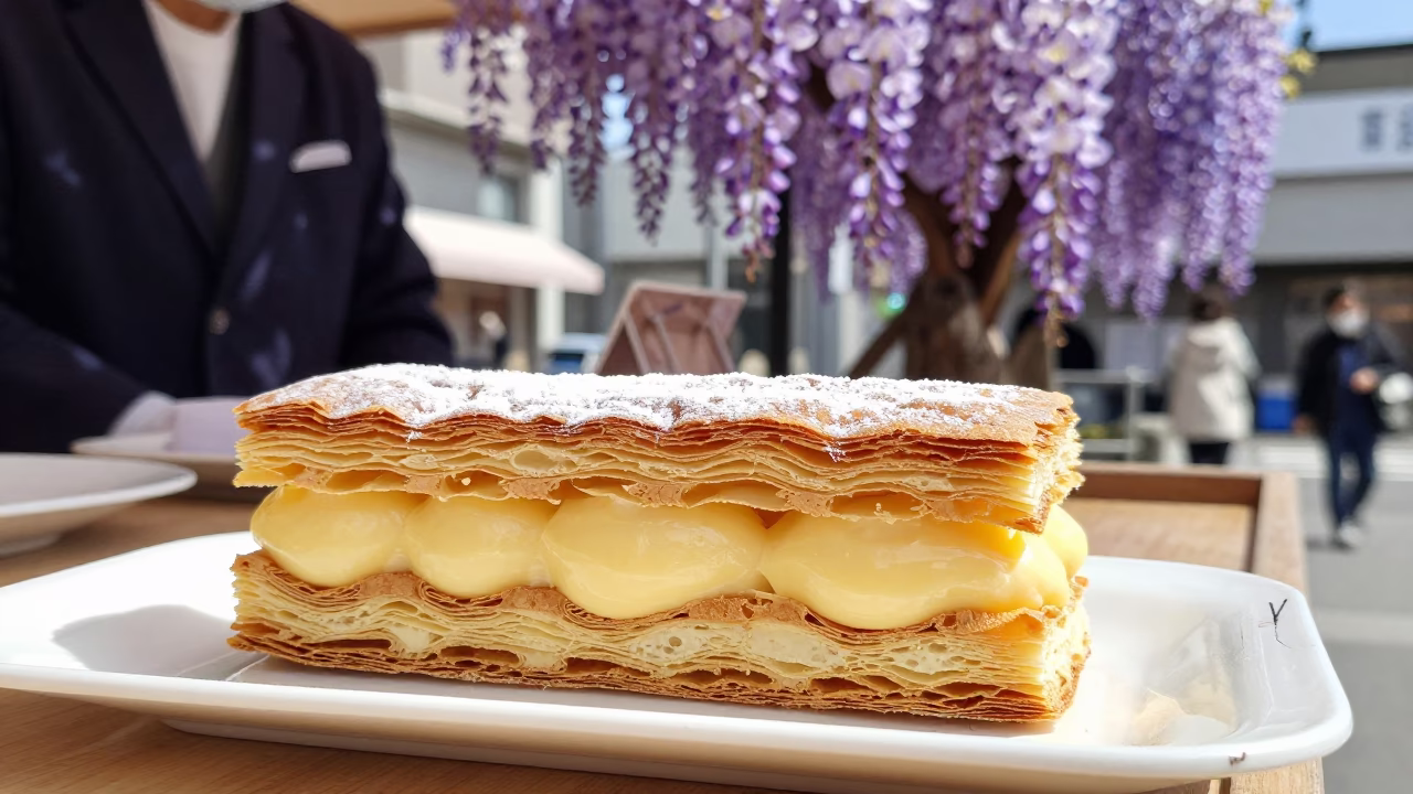 Sapporo Japan Noon Street Scene with Mille Feuille and Wisteria Pergola in in Sapporo, Japan