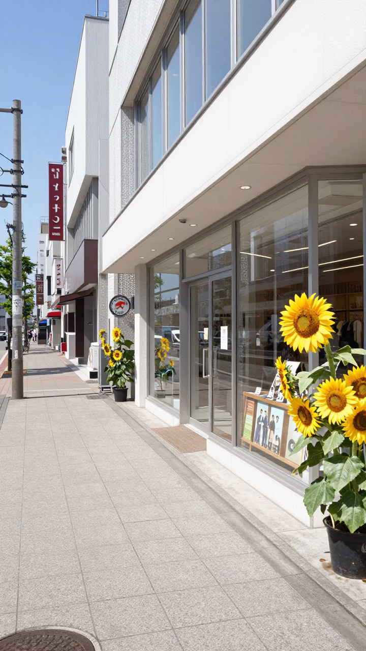 Sapporo Japan Noon Street Scene with Sunflowers and Local Shop Display in in Sapporo, Japan