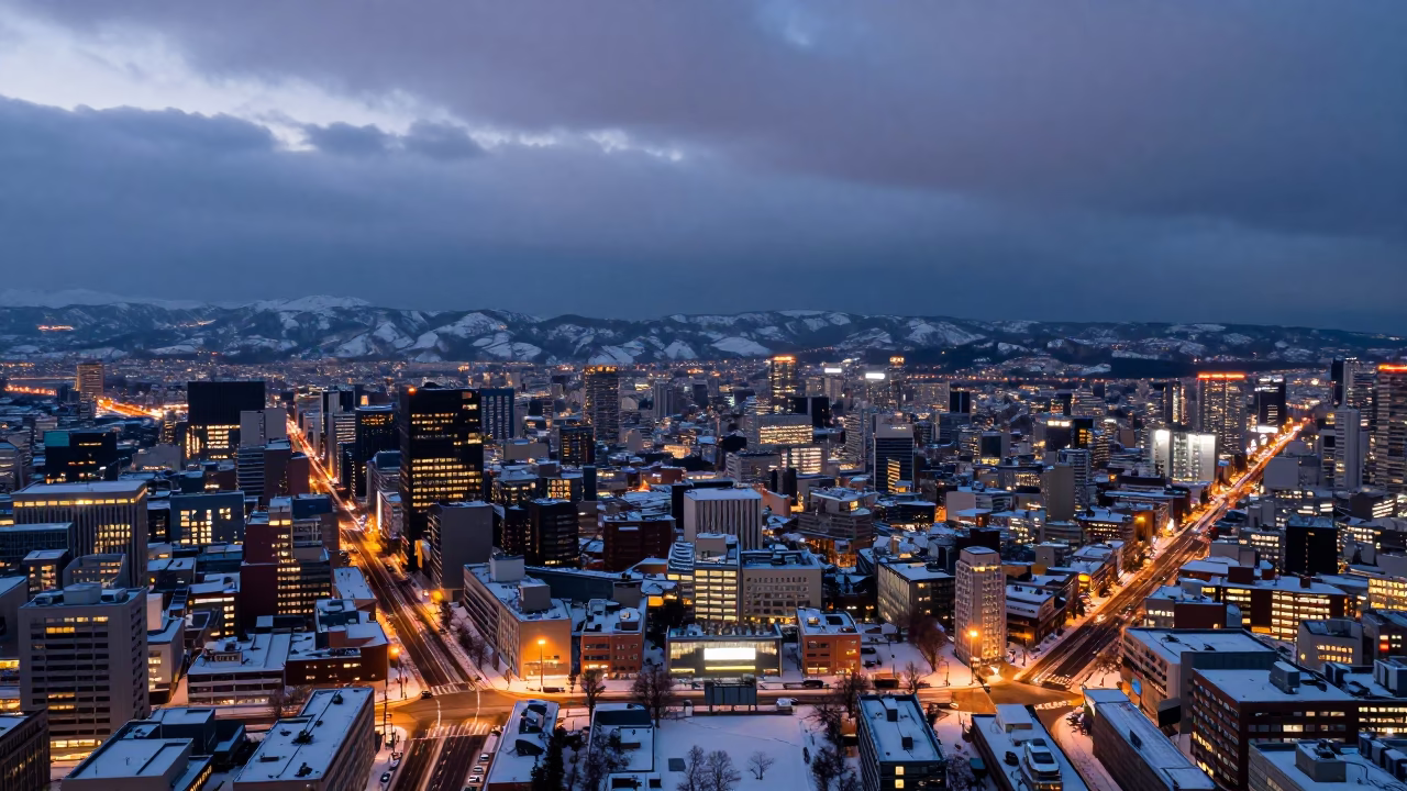 Sapporo Japan Pre-Dawn Cityscape and Snowy Streets Before Sunrise in in Sapporo, Japan