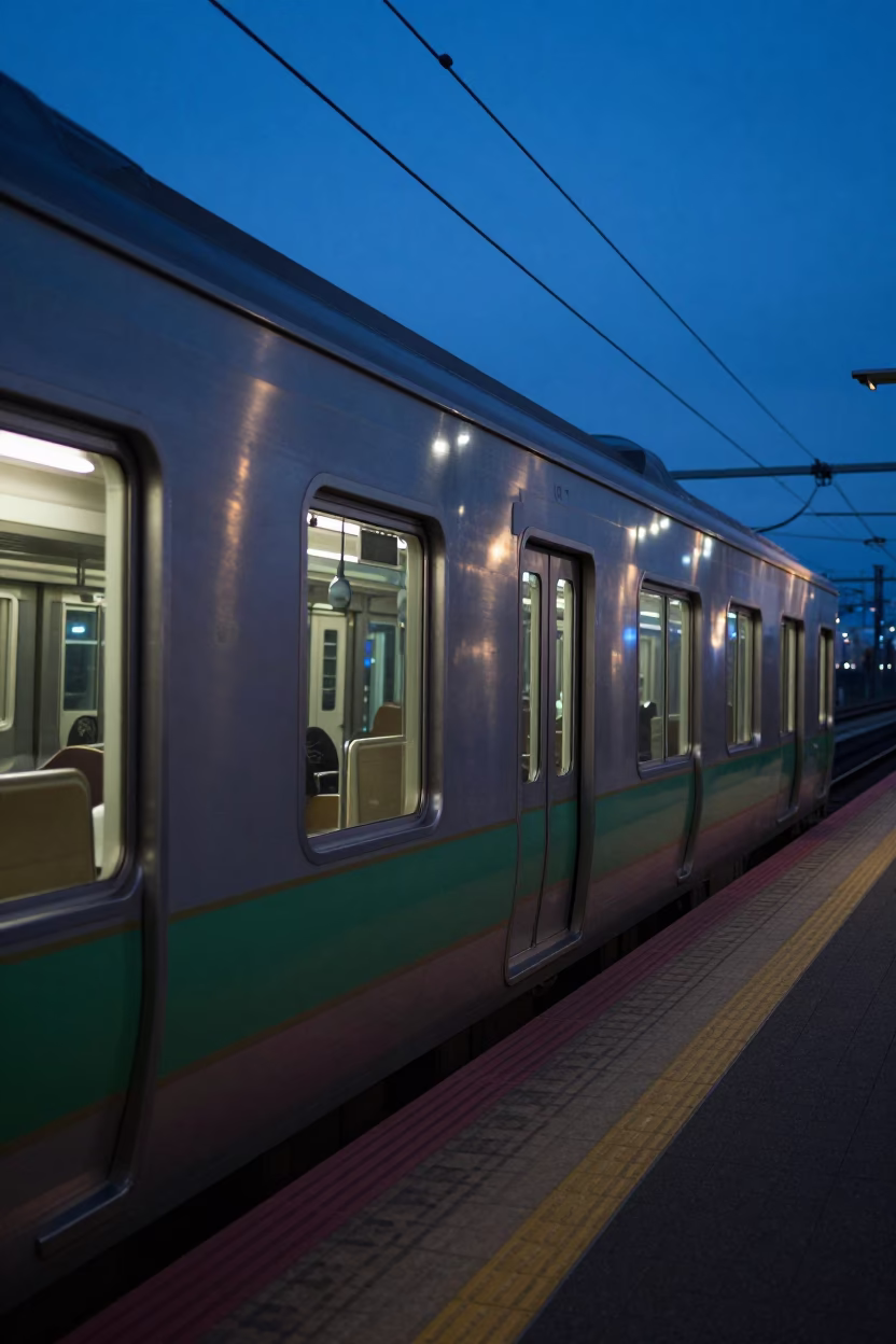 Sapporo Japan pre-dawn commuter train platform with steel walls and bottles in in Sapporo, Japan
