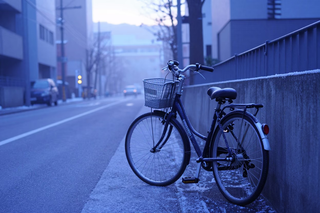 Sapporo Japan pre-dawn street scene with bicycle and misty urban architecture in in Sapporo, Japan