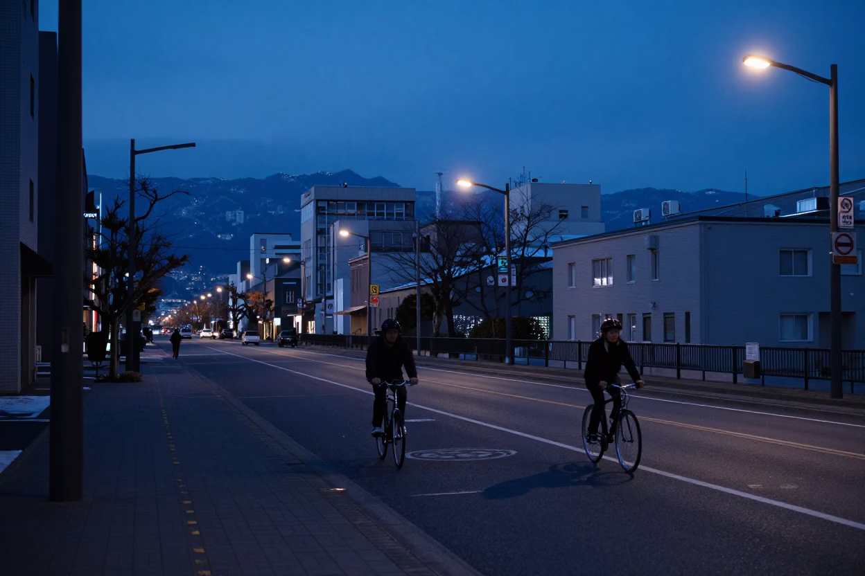Sapporo Japan Pre-Dawn Street Scene with Cyclist and Early Morning Light in in Sapporo, Japan
