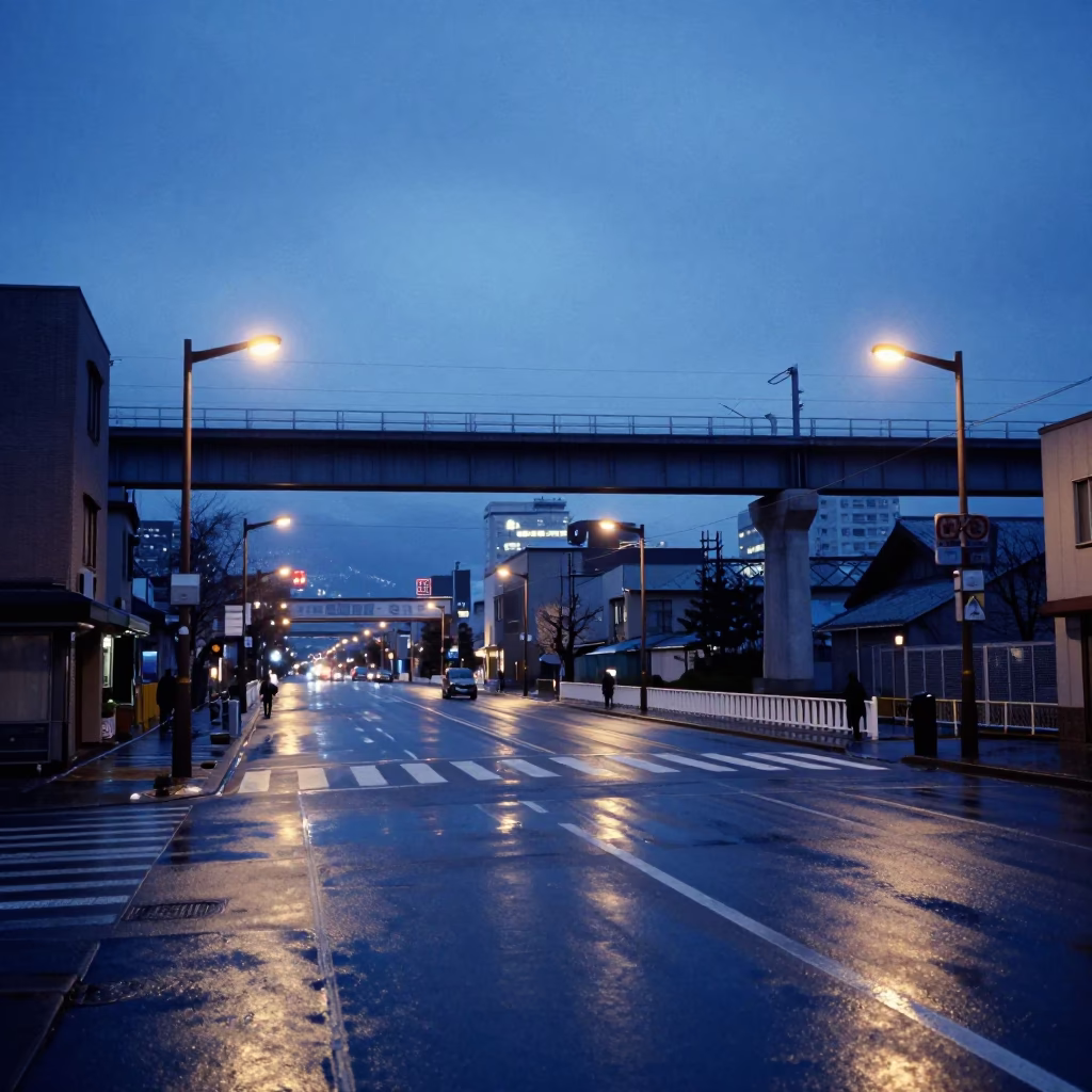 Sapporo Japan Pre-Dawn Street Scene with Railway Viaduct and City Lights in in Sapporo, Japan
