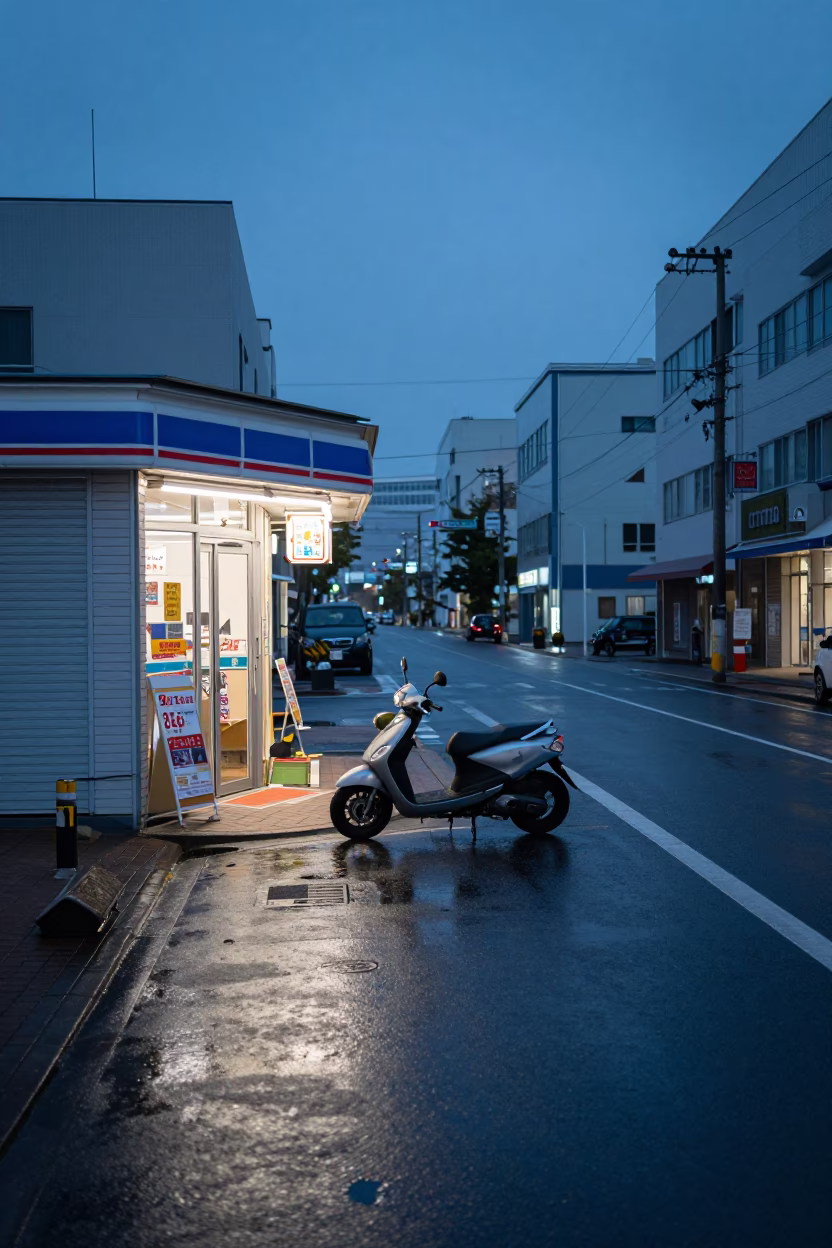 Sapporo Japan Pre-Dawn Street Scene with Scooter and Urban Details in in Sapporo, Japan