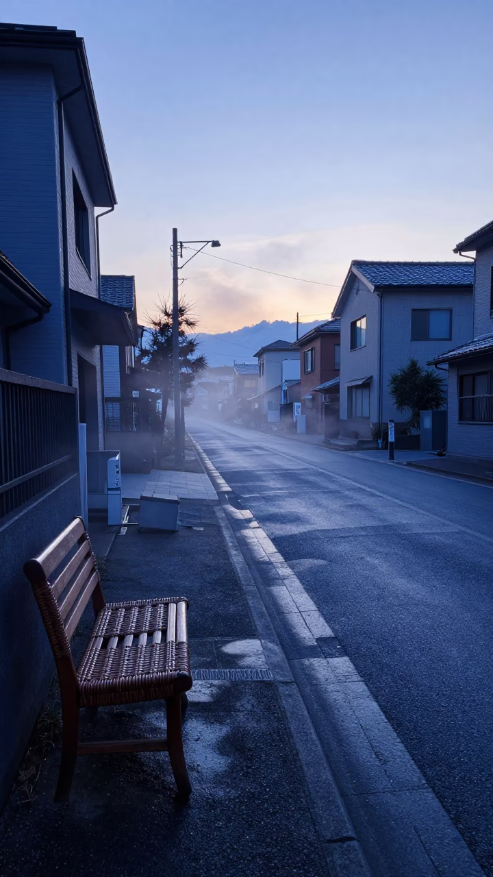 Sapporo Japan Pre-Dawn Street Scene with Steam Haze and Wicker Basket in in Sapporo, Japan
