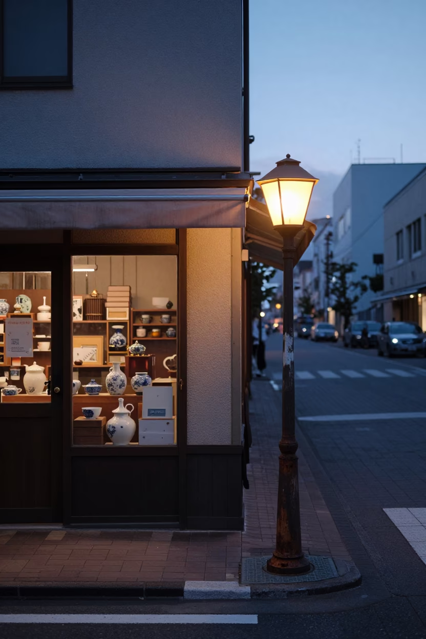 Sapporo Japan Pre-Dawn Street Scene with Vintage Lamp and Porcelain Bowl in in Sapporo, Japan
