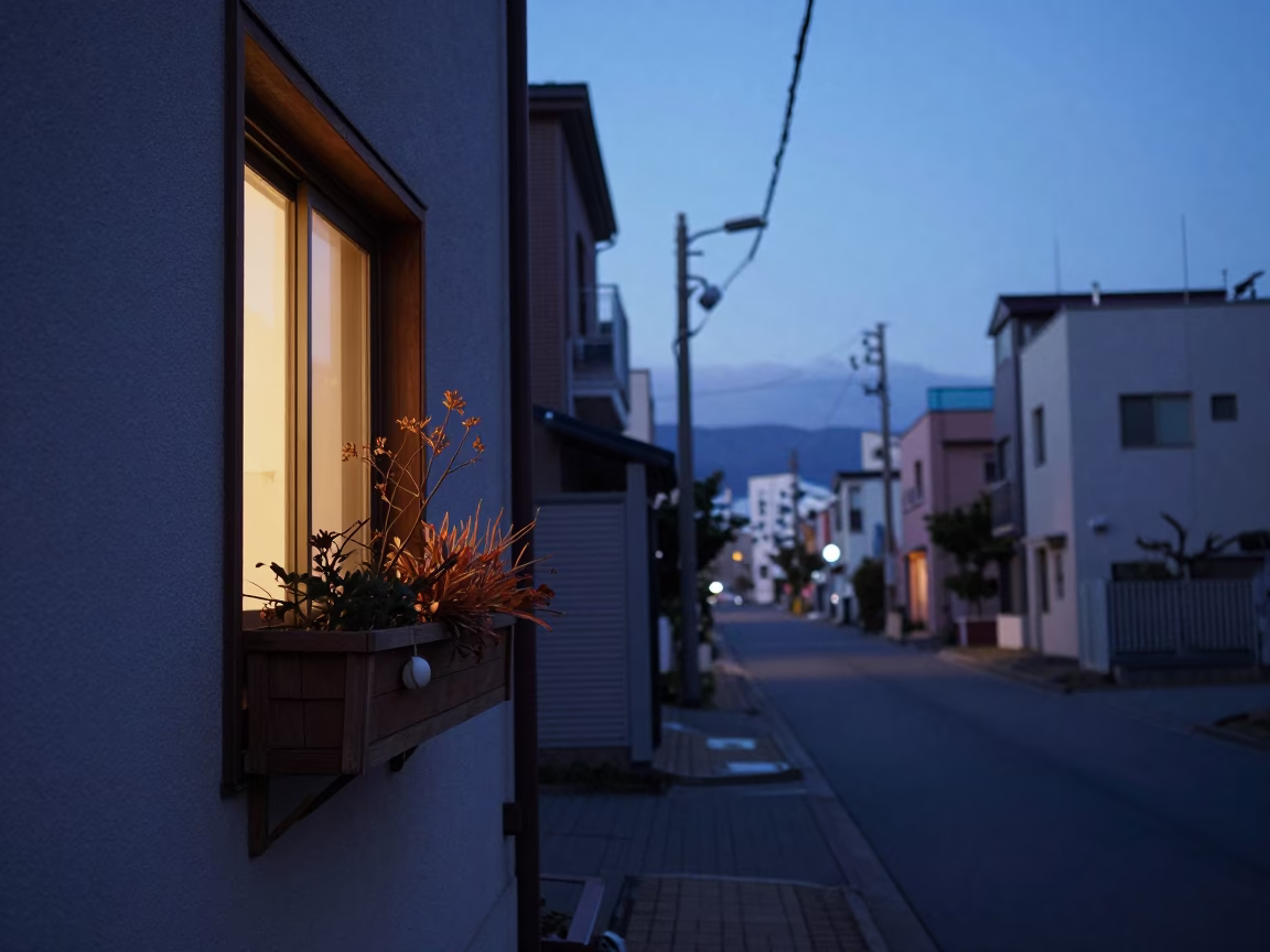 Sapporo Japan Pre-Dawn Street Scene with Window Box and Urban Quiet in in Sapporo, Japan