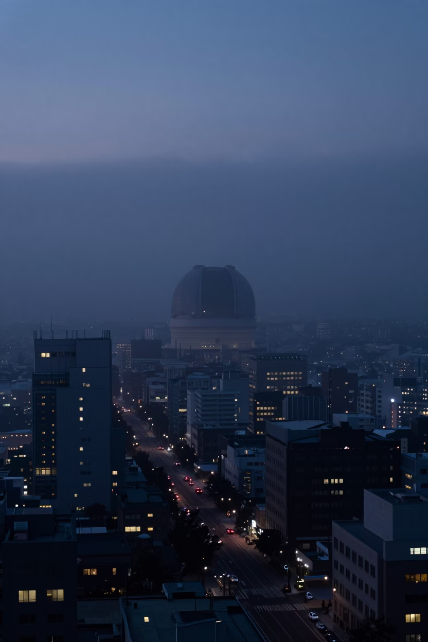 Sapporo Japan Predawn Cityscape Observatory Dome Silhouette Above Ground Fog in in Sapporo, Japan