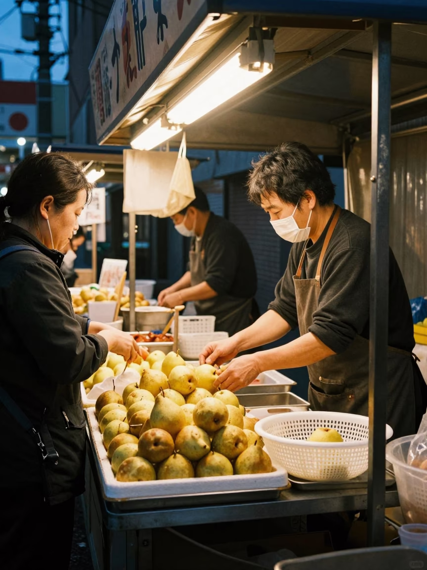 Sapporo Japan predawn street food stall with pears and colander in early morning darkness in in Sapporo, Japan