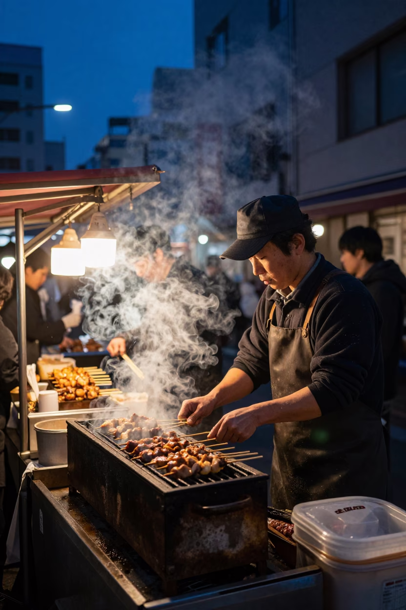 Sapporo Japan Predawn Street Food Vendor Serving Hot Skewers to Early Commuters in in Sapporo, Japan