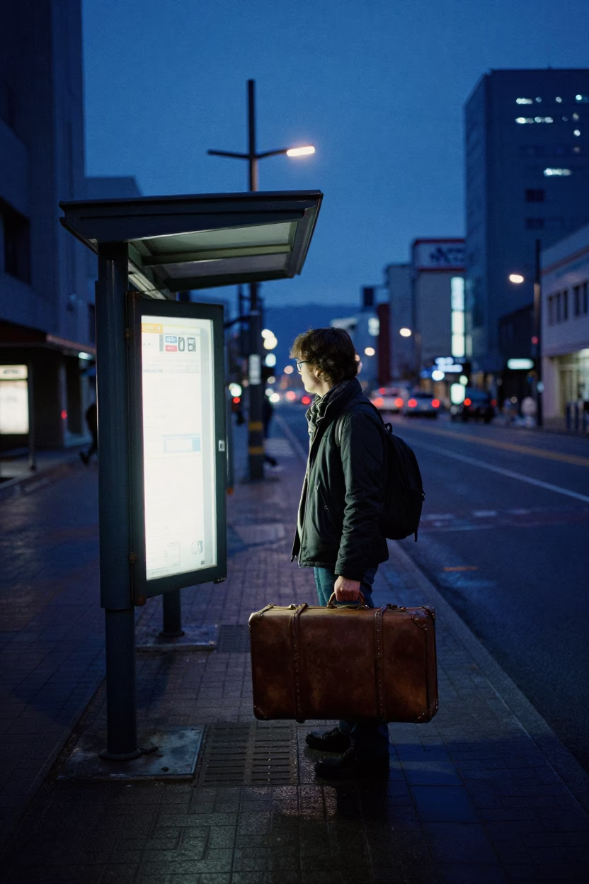 Sapporo Japan predawn street scene with luggage and urban infrastructure in in Sapporo, Japan