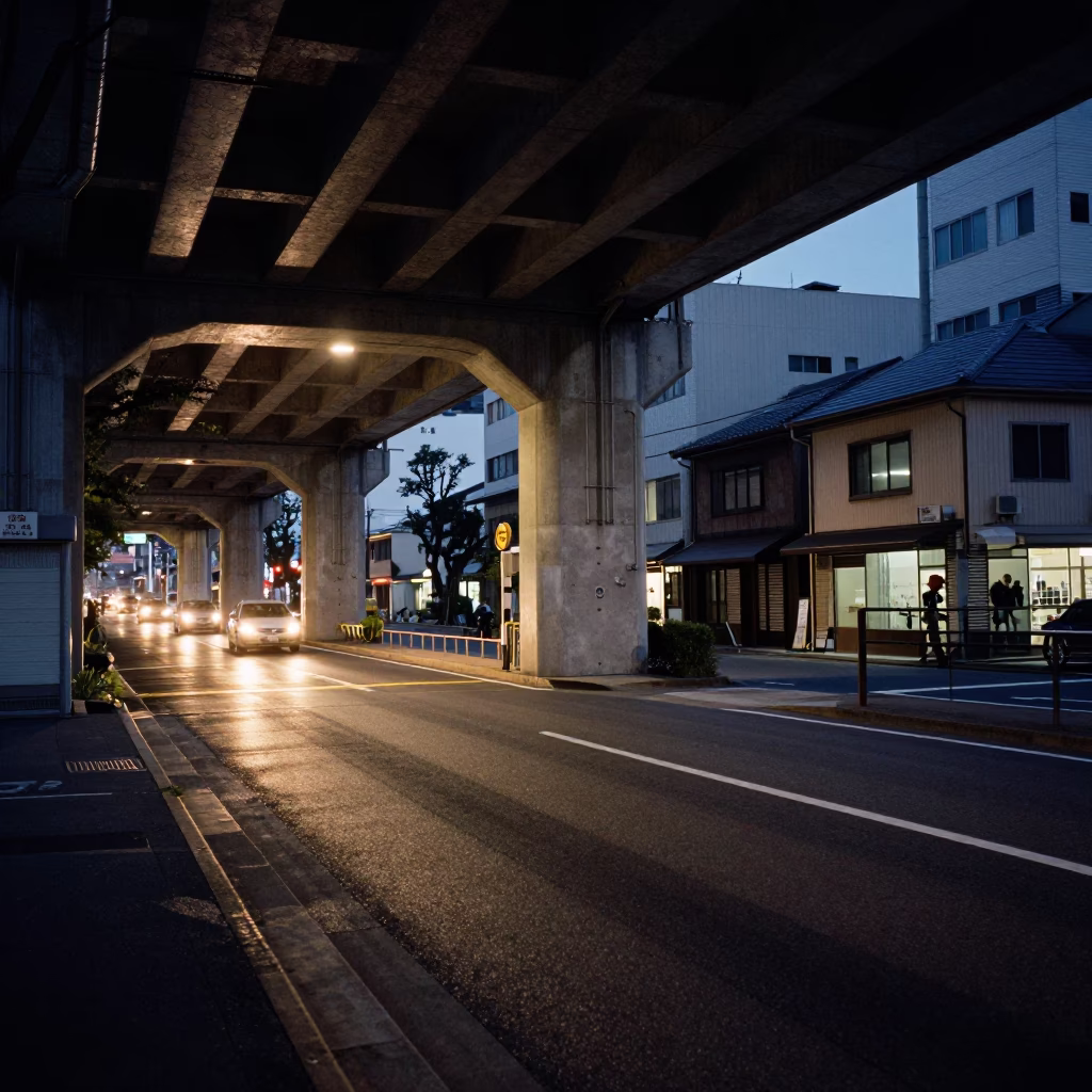 Sapporo Japan Predawn Street Scene with Overpass Shadows and Local Convenience Store in in Sapporo, Japan