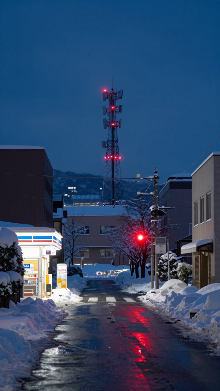 Sapporo Japan Predawn Street Scene with Red Beacon and Snow in in Sapporo, Japan