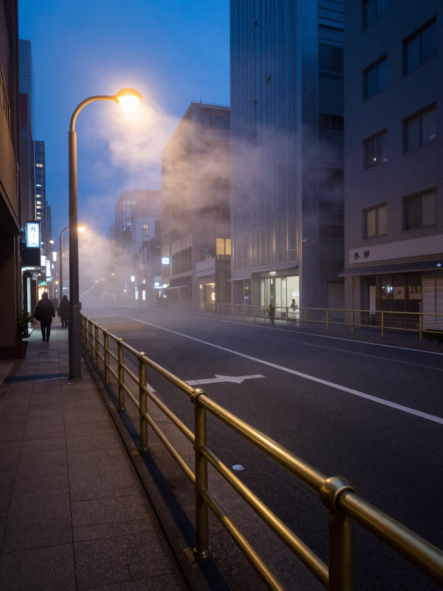 Sapporo Japan Predawn Street Scene with Steam Haze and Brass Rail in in Sapporo, Japan