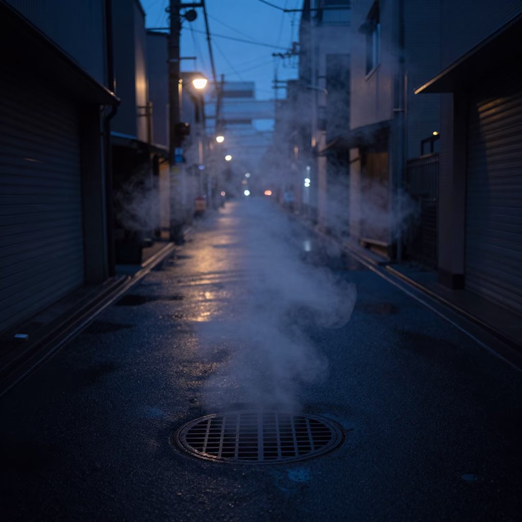 Sapporo Japan Predawn Street Scene with Steam Vent and Ash Shovel Near Snowy Alleyway in in Sapporo, Japan