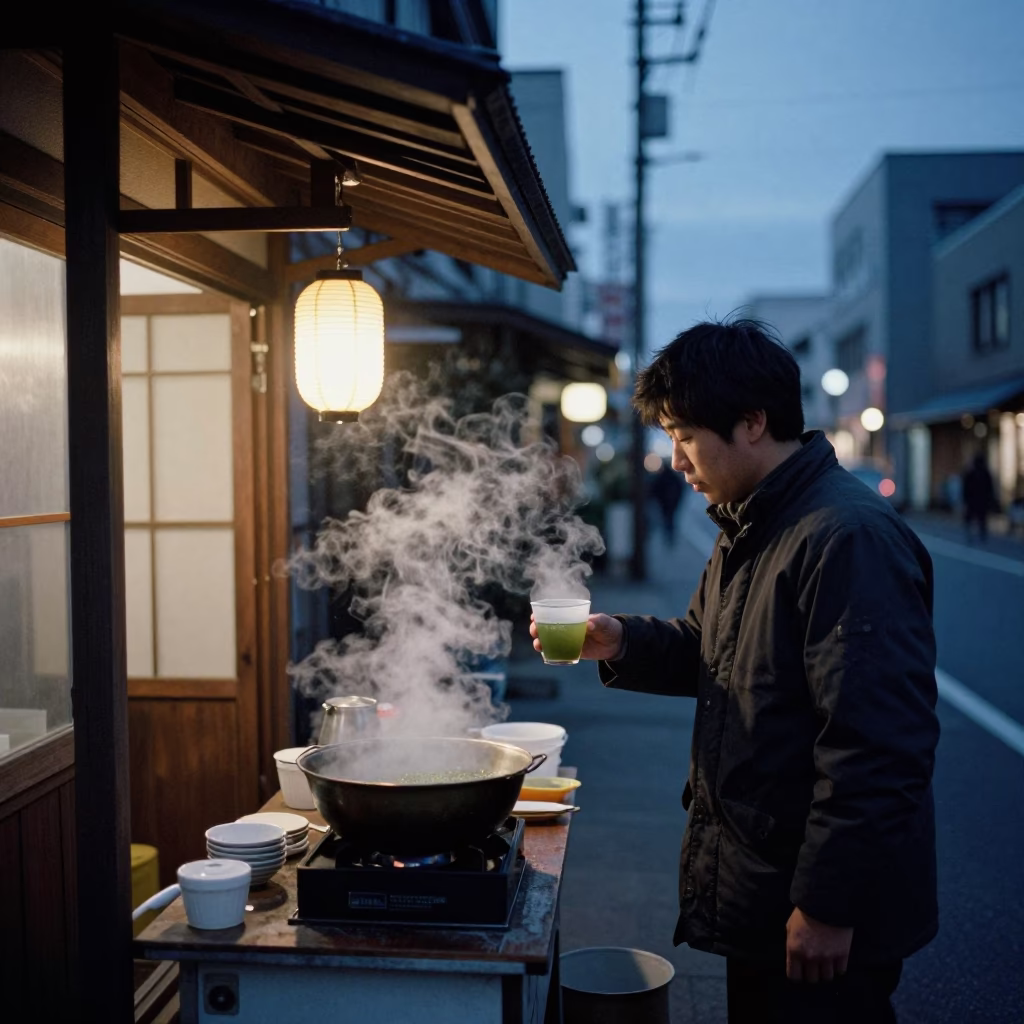 Sapporo Japan predawn street scene with steaming genmaicha tea vendor and vintage clothing in in Sapporo, Japan