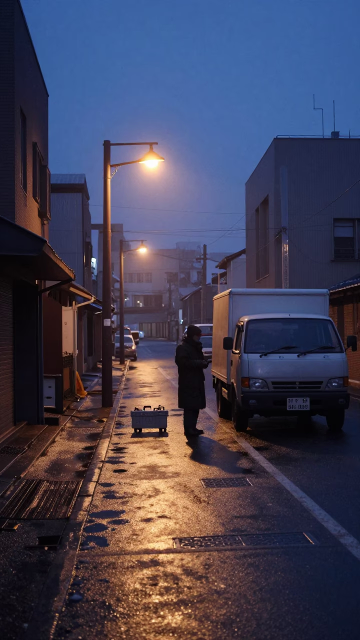 Sapporo Japan Predawn Street Scene with Toolbox and Quiet Morning Light in in Sapporo, Japan