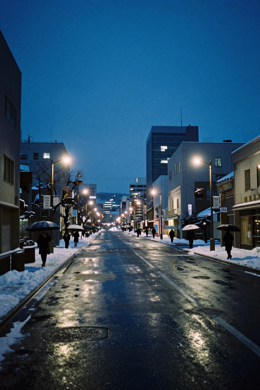 Sapporo Japan Predawn Street Scene with Umbrellas and City Lights in in Sapporo, Japan