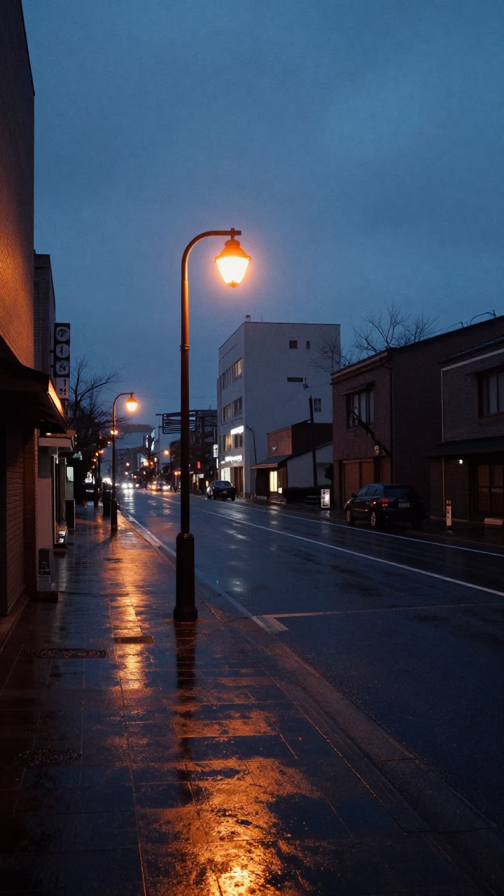 Sapporo Japan Predawn Street Scene with Vintage Streetlamp and Wet Pavement Reflections in in Sapporo, Japan