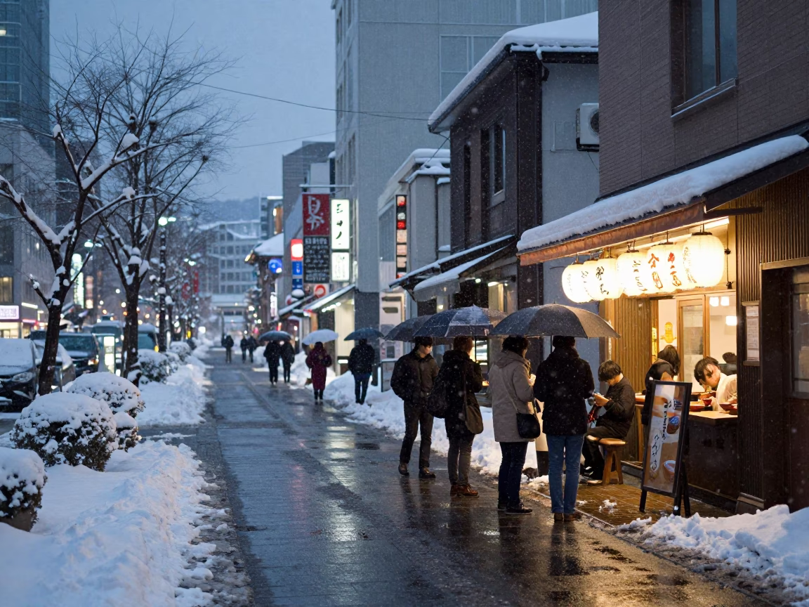 Sapporo Japan Street Scene at Blue Hour with Snow and City Lights in in Sapporo, Japan