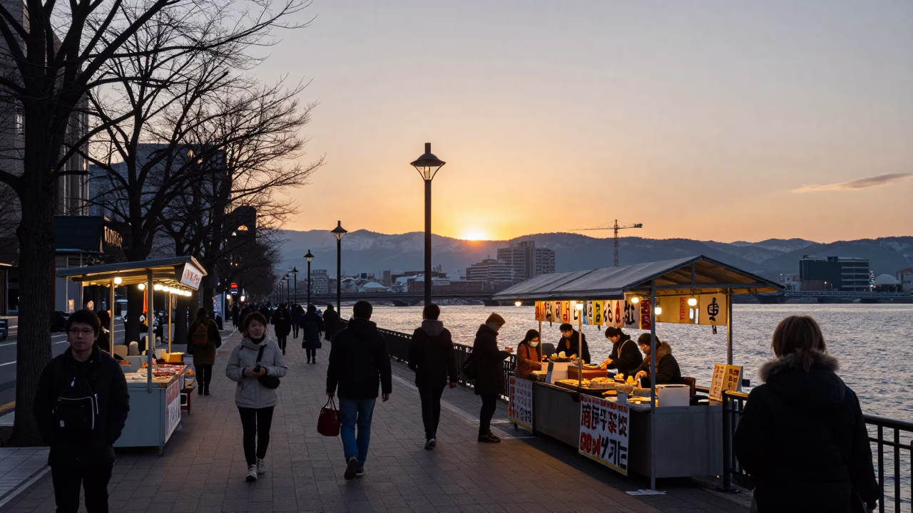 Sapporo Japan Street Scene at Dusk with Local Food and Vintage Car in in Sapporo, Japan
