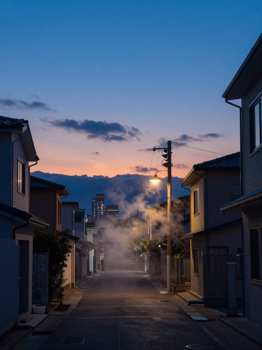Sapporo Japan Street Scene at Dusk with Steam Haze and Drying Rack in in Sapporo, Japan
