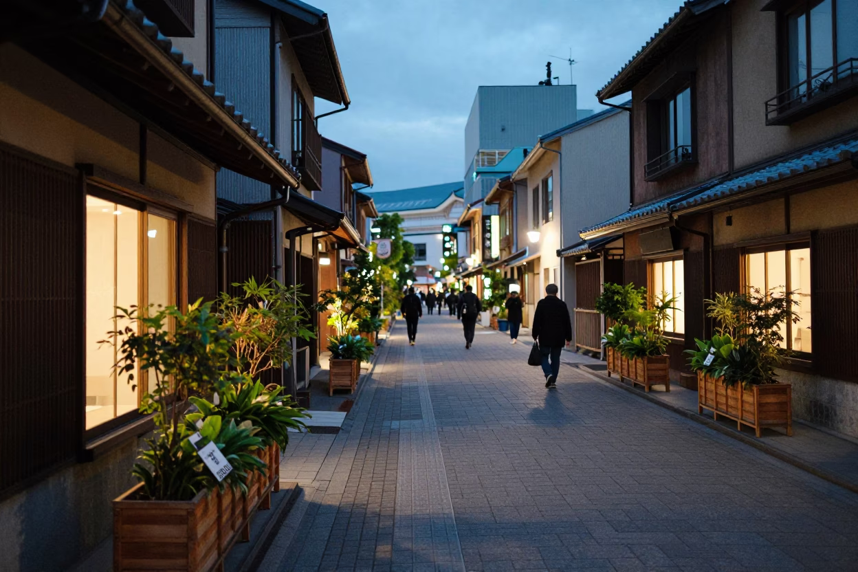 Sapporo Japan Street Scene at Dusk with Window Boxes and City Lights in in Sapporo, Japan