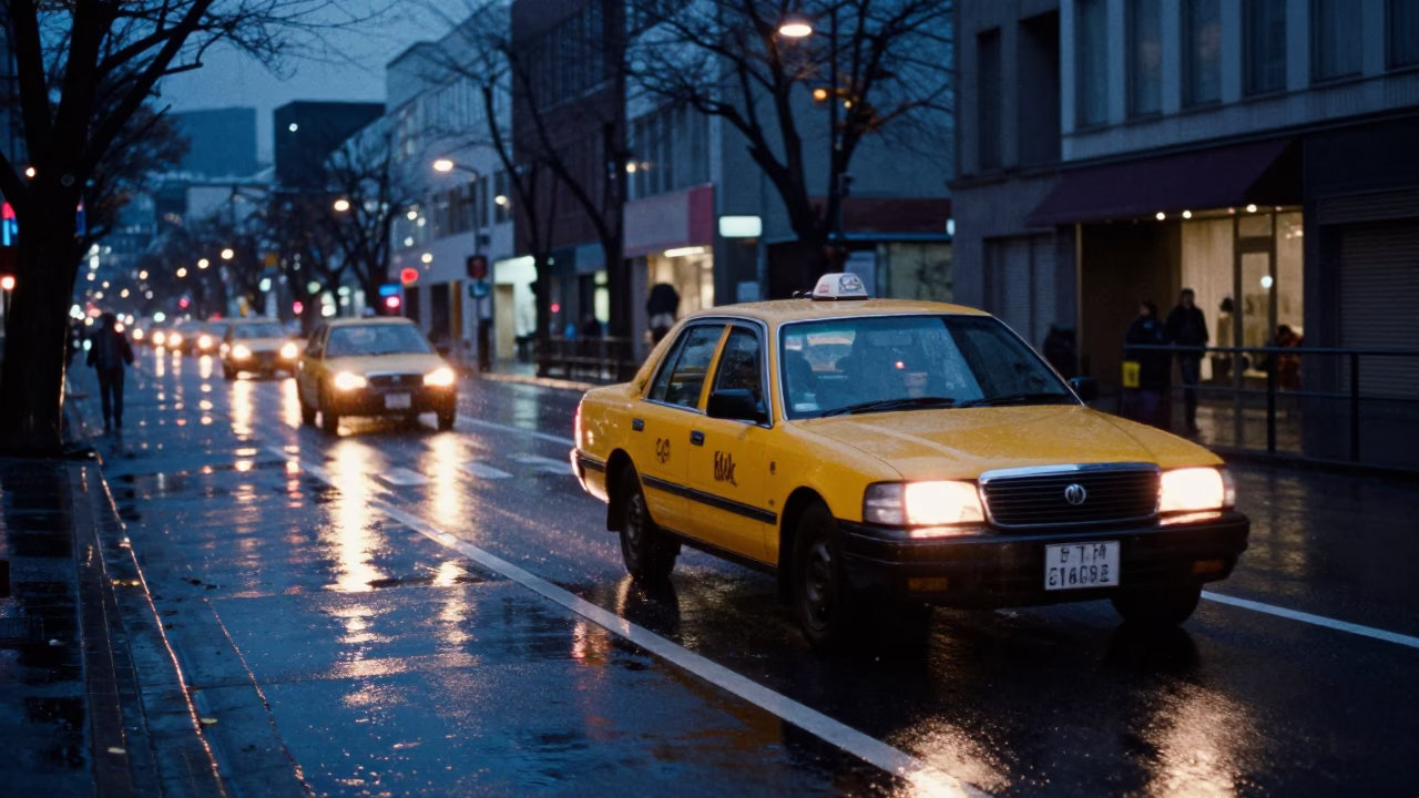 Sapporo Japan street scene at night with yellow taxi and wet pavement in in Sapporo, Japan