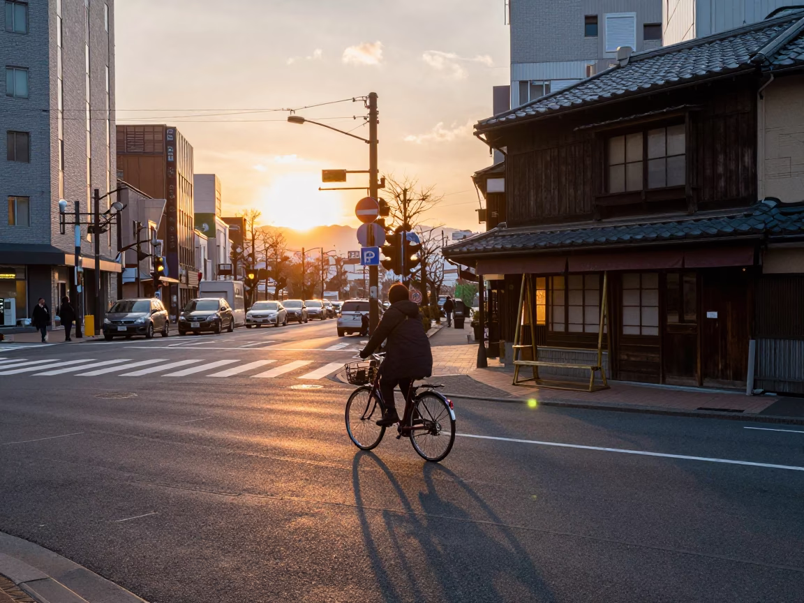 Sapporo Japan Street Scene at Sunset with Bicycle and Urban Details in in Sapporo, Japan