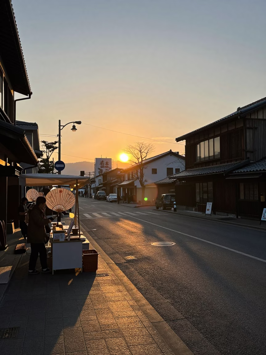 Sapporo Japan Street Scene at Sunset with Paper Fan and Urban Activity in in Sapporo, Japan