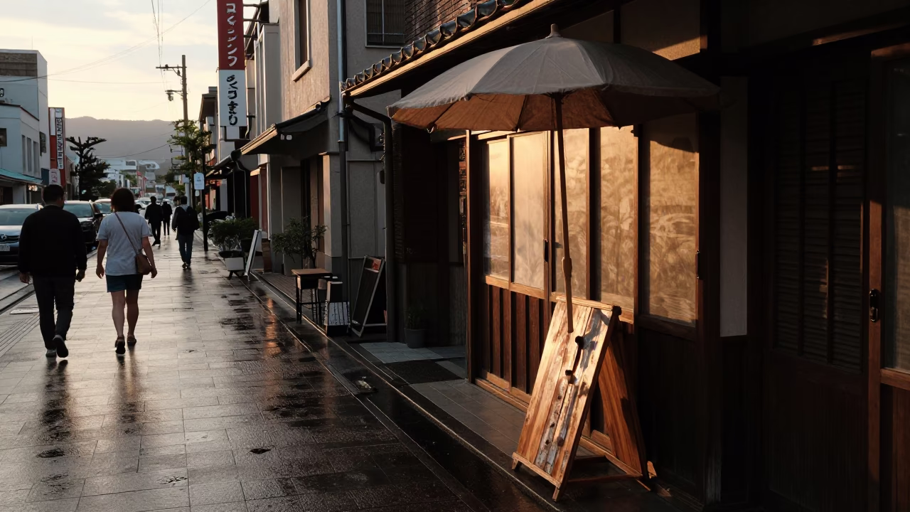 Sapporo Japan Street Scene at Sunset with Sun Hat and Umbrella Stand in in Sapporo, Japan