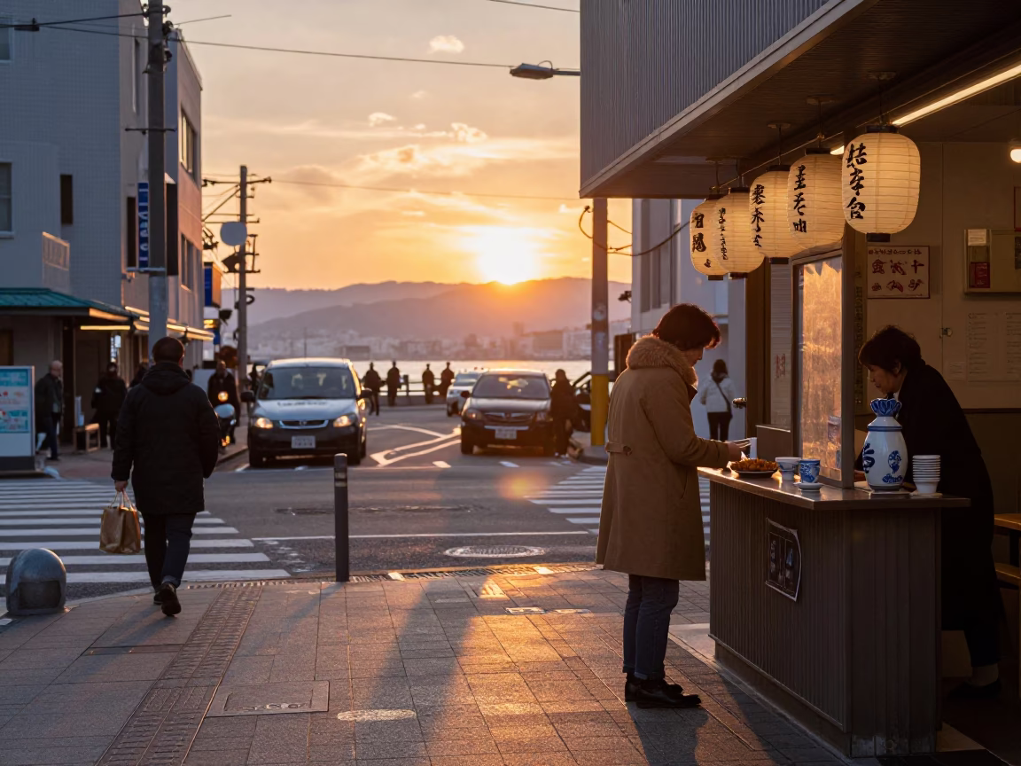 Sapporo Japan Street Scene at Sunset with Tonkatsu and Ceramic Cup in in Sapporo, Japan